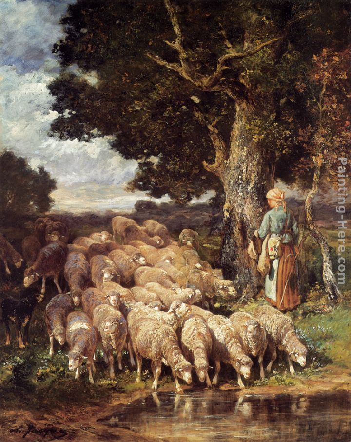 A Shepherdess with her Flock near a Stream painting - Charles Emile Jacque A Shepherdess with her Flock near a Stream art painting
